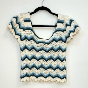 ALTAR'D STATE Wave Stripe Print Crochet Top Blue M Bohemian Boho 100% Cotton